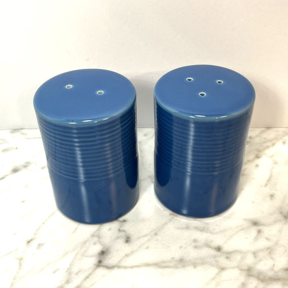French Blue Ceramic Salt & Pepper Shakers Vtg Cylindrical Country Blue 3.5" Tall